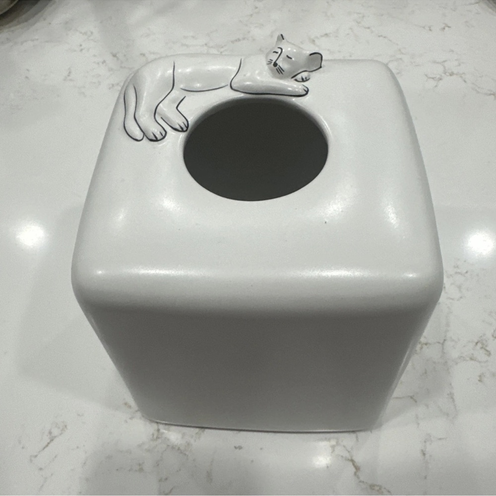 Signature White Ceramic Lazy Cat Tissue Box